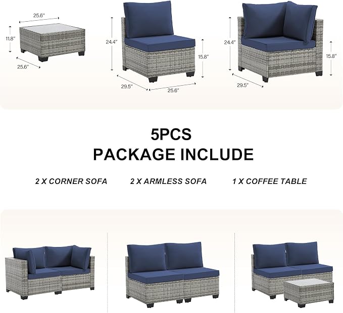 CANMOV 5 Pieces Patio Furniture Sets, All Weather Outdoor Patio Conversation Set, PE Wicker Rattan Sectional Sofa Couch Glass Coffee Table Washable Cushions for Backyard, Porch, Poolside, Navy Blue