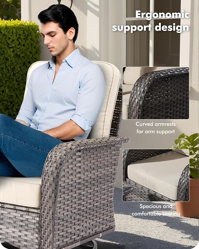 CAODOC 5 Pieces Patio Furniture Set,Outdoor Furniture with Rockers, Rattan Conversation Sets w/Coffee Table, Grey Wicker Light Beige Cushion
