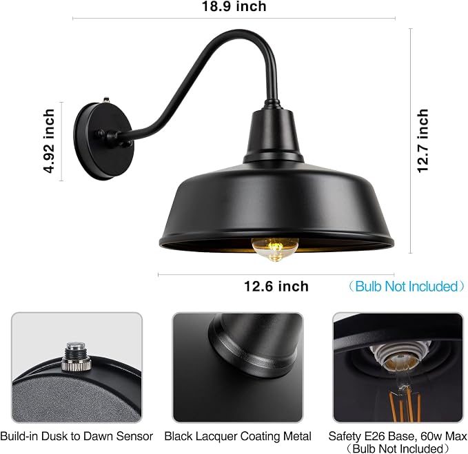 Gooseneck Barn Light, 12.6" Dusk to Dawn Black Outdoor Wall Sconce | Weatherproof Steel Exterior Large Lighting Fixture, E26 Base, Easy DIY Install for Porch, Garage, Barn, Farmhouse(1 PC)
