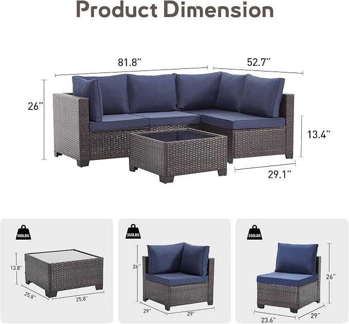 Bonzy Home 5 Pieces Outdoor Patio Furniture Set, PE Rattan Outdoor Sectional Furniture Sofa Set with Removable Cover and Glass Coffee Table, Patio Sofa for Balcony, Porch, Garden, (Brown-Navy Blue)