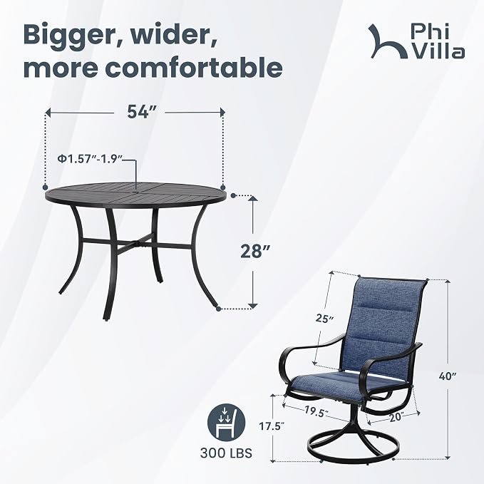 PHI VILLA Round Outdoor Dining Set for 6 with Swivel Chairs, Navy Blue | High back padded chairs，All weather reistant, Metal table, Umbrella hole, 7 piece, Patio deck backyard