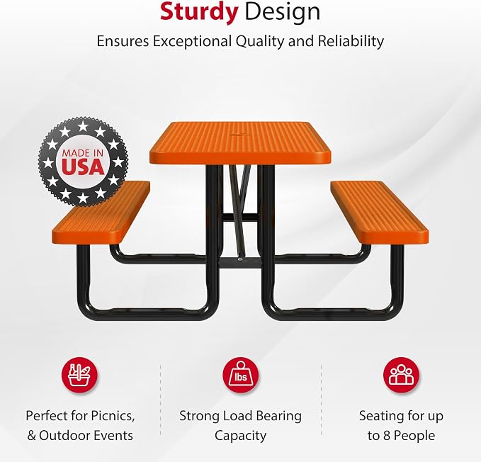 Leisure Craft Metal Picnic Table with Bench - 8 ft Rectangle Outdoor Dining Table for 8, Umbrella Hole, Weatherproof Heavy Duty Thermoplastic Coating, Commercial Grade Furniture Made in USA - Orange