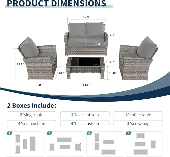 UDPATIO Patio Furniture Set, Outdoor Furniture Sets with Loveseats Sofa, Wicker Rattan Outdoor Conversation Set with Storage CoffeeTable for Backyard, Deck, Porch, Grey/Grey