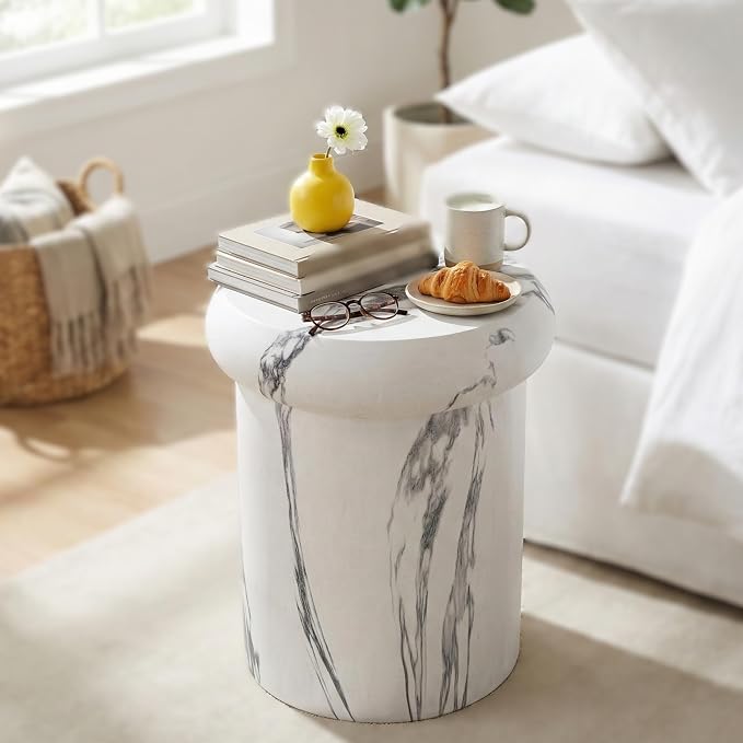 Christopher Knight Home 18.11 Inch Sculptural MGO Side Table Modern Round End Table Faux Travertine Indoor Outdoor Pedestal Accent Table