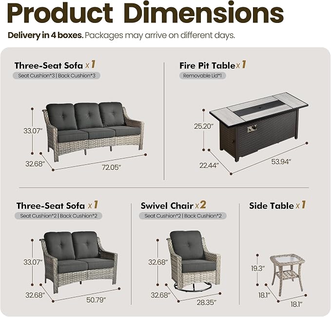 6 Piece Patio Furniture Set with Fire Pit Table, Conversation Sets with High Back Swivel Rocker Chairs, Outdoor Wicker Sofa Loveseat with Comfy Cushion for Backyard Deck Garden, Black