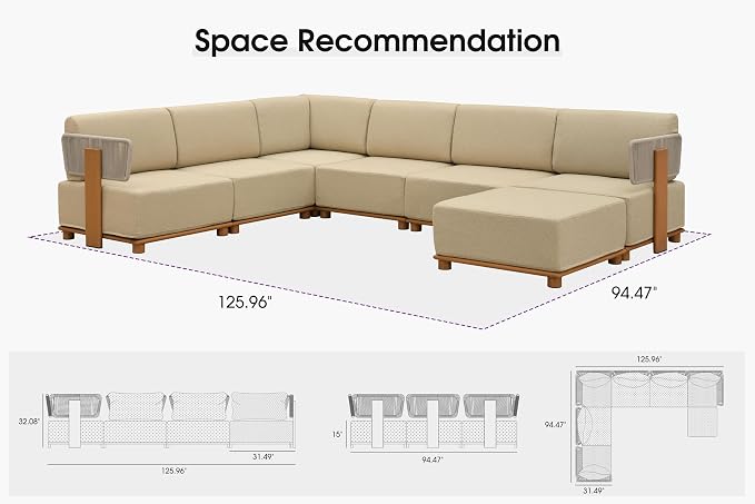 PURPLE LEAF Patio Furniture Set Modular U-Shaped Outdoor Sectional Sofa with 11" Thick Olefin Cushion 7-Piece Outdoor Conversation Set with Ottoman for Backyard Garden Poolside, Beige