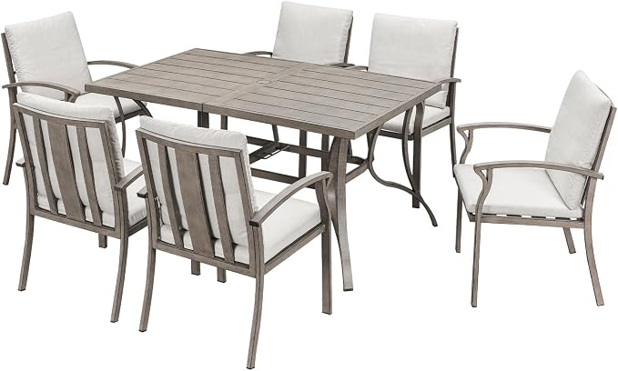 7-Piece Outdoor Patio Dining Set, Never-Rust Aluminum Patio Dining Set with Umbrella Hole, Outdoor Table and Chairs with Cushions, Patio Furniture Sets for Lawn, Garden, Backyard, Limed Oak