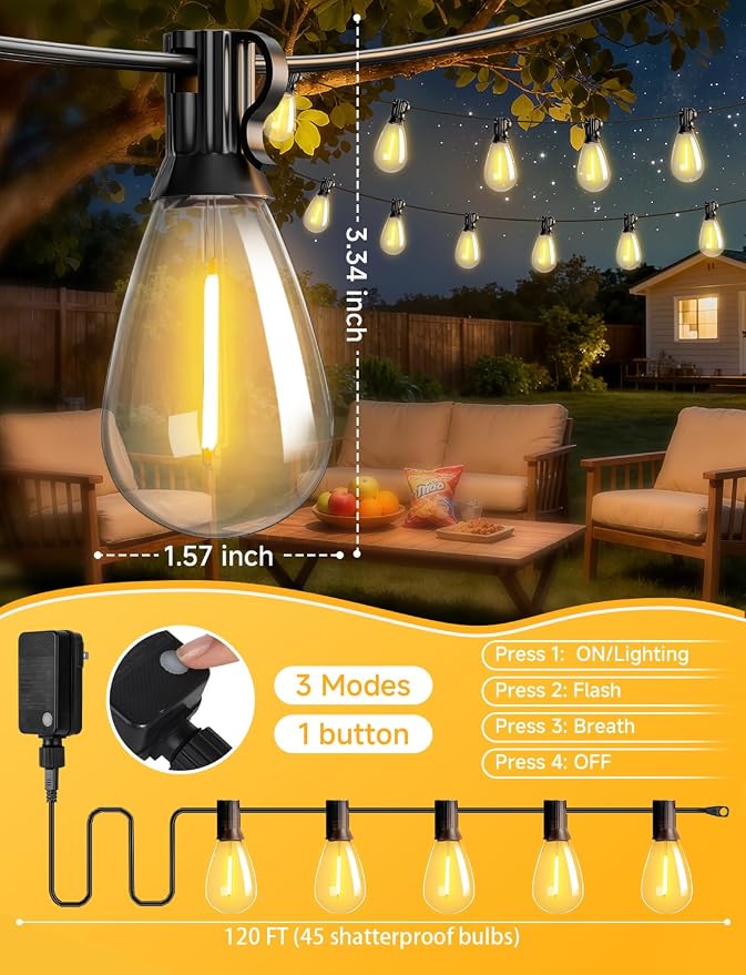 120FT Outdoor String Lights with Remote, LED Patio Lights with 45+2 Waterproof S11 Bulbs, Outside Dimmable 2700K Warm White, Timer & 3 Modes,for Backyard Garden Deck Porch Balcony Gazebo Party Decor