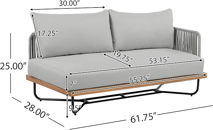 Christopher Knight Home 3-Piece Patio Furniture Set, Acacia Wood Outdoor Sectional Sofa with Rope Woven & Cushions, 4-Seat Sofa, Loveseat and Coffee Table, Outdoor Conversation Set, Light Grey+Teak