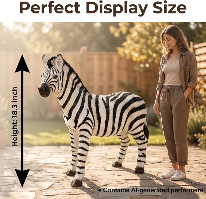 18.3" Realistic Zebra Garden Statue, Black & White Striped | Safari Animal Sculpture, For Patio, Yard & Pool Decor