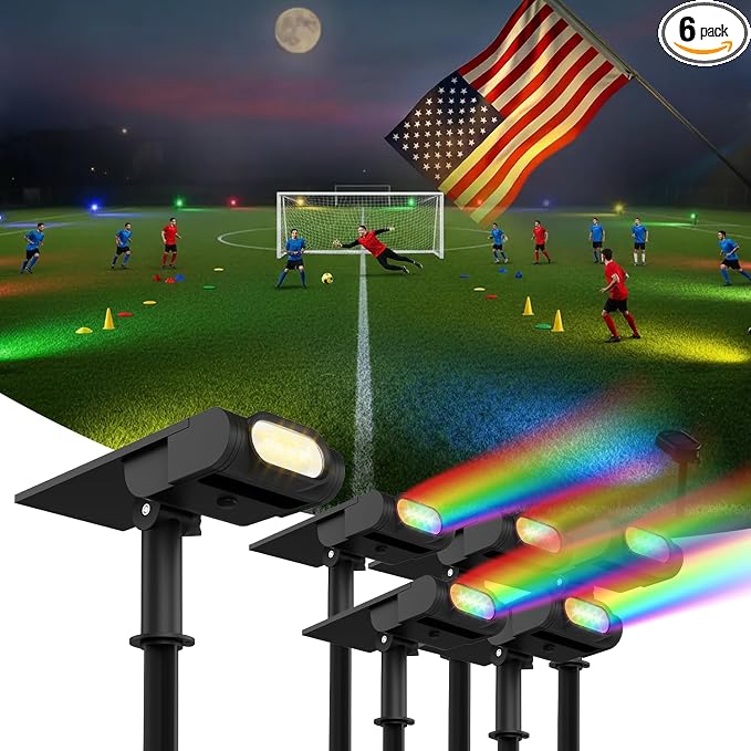 RGB Christmas Solar Spot Lights Outdoor, 12 RGB Color Modes Landscape Light Waterproof IP67 with Remote Control, 2-in-1 Color Changing RGB/Cool/Warm White for Yard Garden Garden (6 Pack)