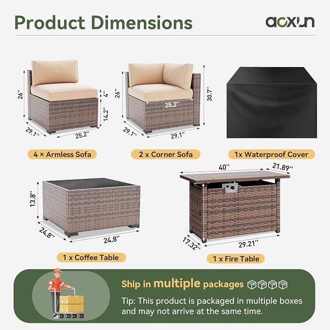 Aoxun 8 Piece Patio Furniture Set with 44” Fire Pit Table, Wicker Rattan Patio Sectional Sofa, Outdoor Furniture Set with Thickened Cushion, Brown