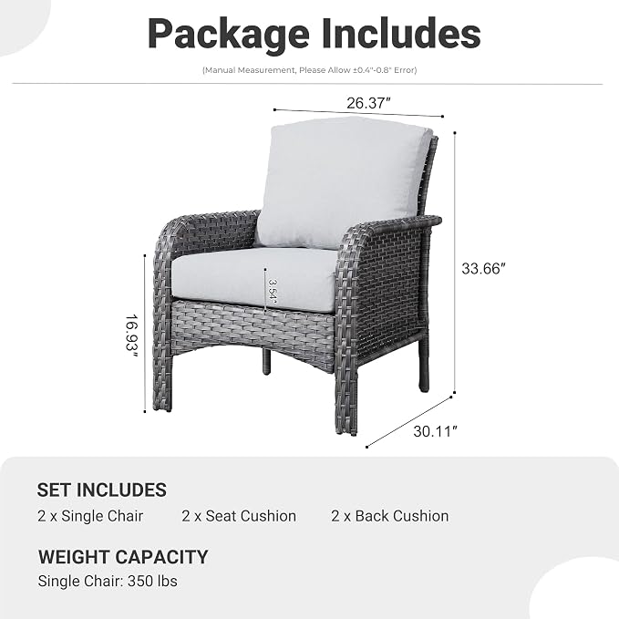 ovios 2-Piece Patio Furniture Set, Outdoor Wicker Sofa with Chairs, High Back Rattan Chair with Comfy Cushions for Porch Yard Deck, Grey