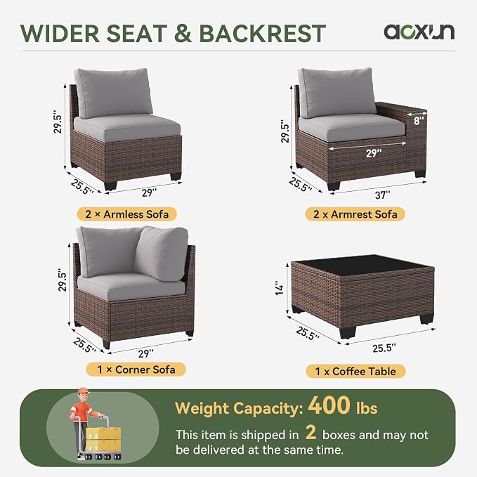 Aoxun Patio Fruniture Sets, Wicker Outdoor Patio Furniture Set with 4 in Thick Cushions and Widen Armrests, All-Weather Outdoor Sectional for Backyard, Garden and Poolside (Waterproof Cover Included)