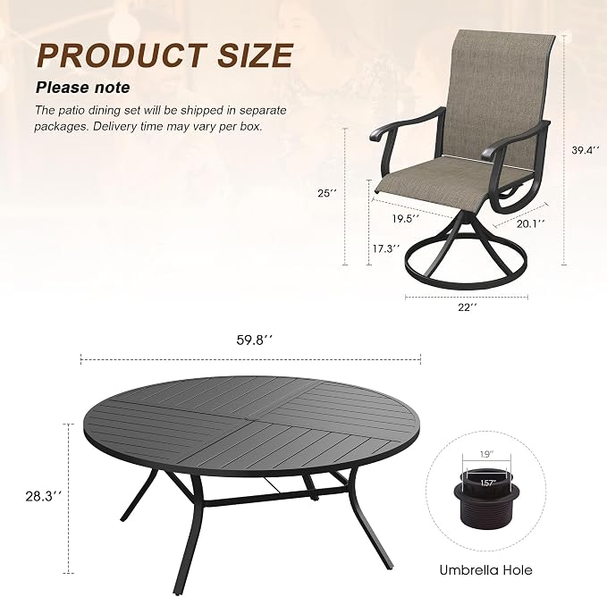 VICLLAX Patio 9 Pieces Outdoor Dining Set, 60" Round Metal Table with Umbrella Hole and 8 Swivel Textilene Chairs for Lawn, Garden, Porch, Black/Brown