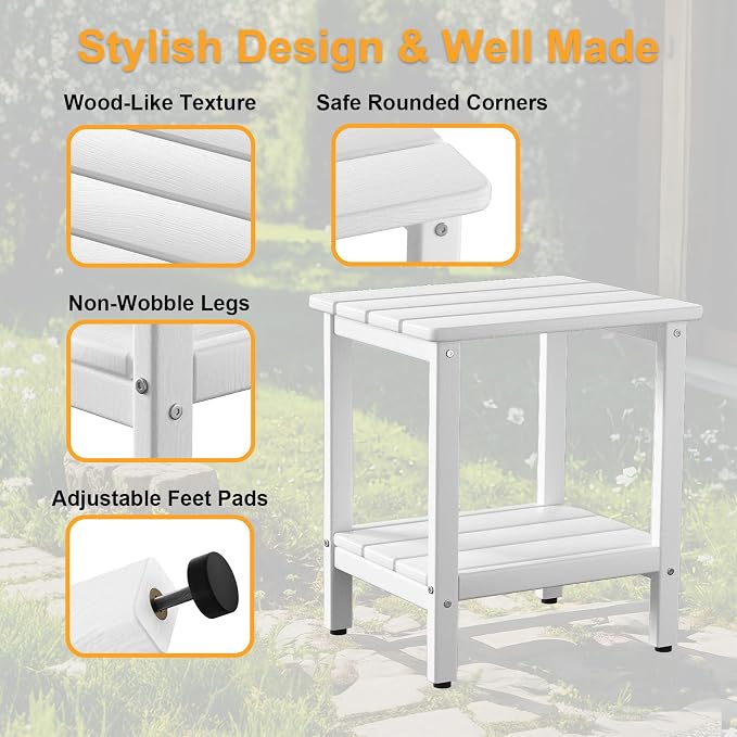 Outdoor Side Table, Small Square Patio Side Table with Adjustable Feet, All-Weather HDPE Adirondack End Tables for Porch Deck Balcony Pool, 2-Tier Storage, Easy Maintenance, White