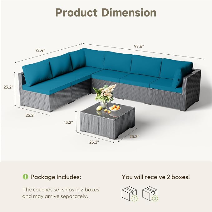 Patio Furniture Set - All-Weather - 7 Piece Patio Outdoor Conversation Set, Modular Wicker Rattan Sectional Sofa for Backyard, Garden, Poolside, Balcony, Porch, Patio,Black/Peacock Blue