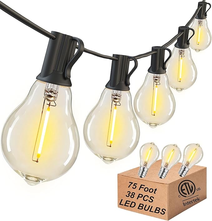 Outdoor String Lights 75FT Patio Light Waterproof for Backyard Porch Bistro | 2FT Bulbs Apart, 75 FT Connectable Outside Lighting with 38 Shatterproof Dimmable LED Edison Bulbs for Garden Balcony Party