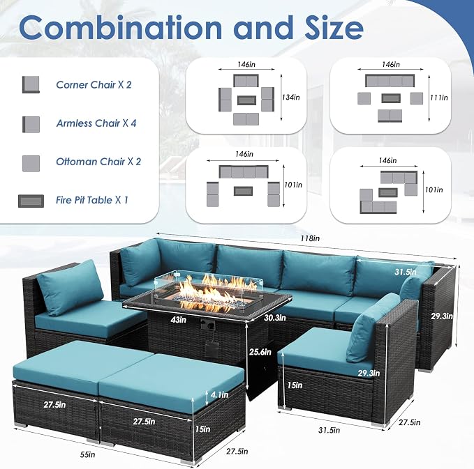 RADIATA 9 Piece Wicker Patio Furniture Set with Fire Pit, All-Weather Outdoor Sectional Couch High Back Large Size, Modular Backyard Seating Sofa Set with Propane/Natural Gas Firepit Table, Grey&Teal