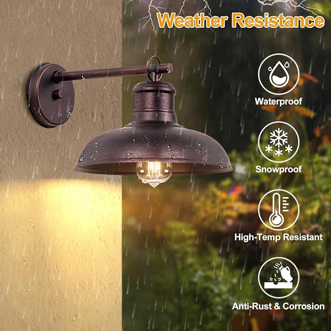 Outdoor Wall Lights 2 Pack, Farmhouse Barn Light, Distressed Brown | Vintage Outside Wall Mount Light Fixture, Waterproof Outdoor Light for House Garage Patio Porch Doorway