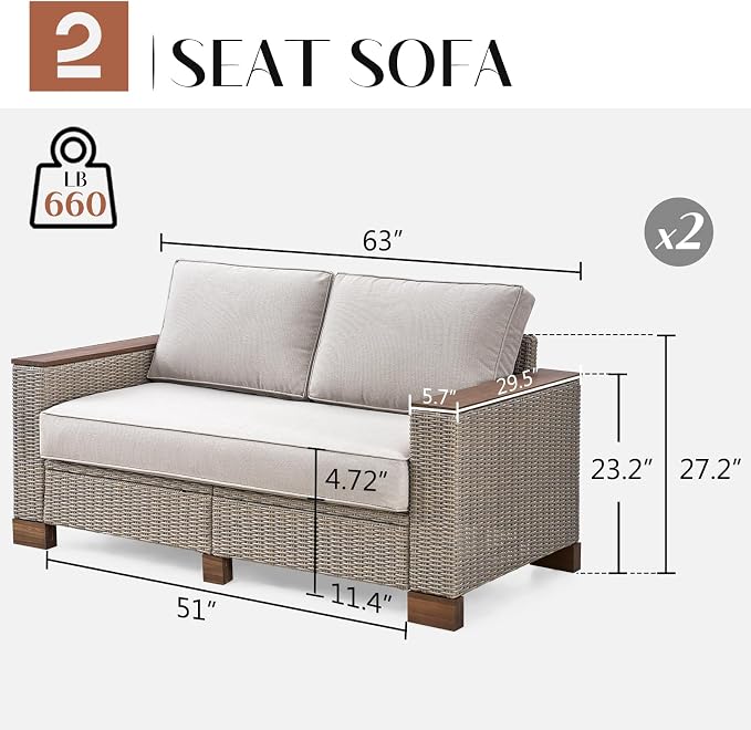 LUXOAK 4-Piece Outdoor Patio Furniture Set, All-Weather Wicker Sofa with 5.9" Solid Wood Armrests, Wooden Legs, and Cushions – Sectional Conversation Set for Backyard, Porch, Garden, or Poolside