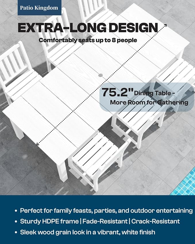 7-Piece Outdoor Dining Set with 75.2" Table for 6,White | HDPE material, umbrella hole design, weather-resistant furniture, perfect for garden, lawn, poolside, yard, balcony, deck