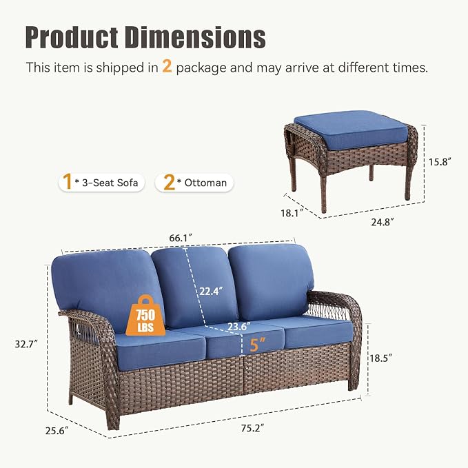 Patio Furniture Set, All Weather 3 PCS Wicker Outdoor Small Sectional Set, 5" Thick Rattan Conversation Set with 3-seat Sofa and Ottoman for Lawn, Garden, Blue/Brown Wicker