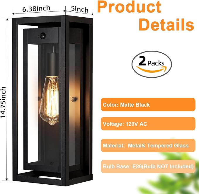 15" Motion Sensor Outdoor Wall Sconce Set of Two, Large Dusk to Dawn Outdoor Sconce Lights, Waterproof Anti-Rust Outdoor Lights for House, Exterior Motion Sensor Light for Garage, Porch