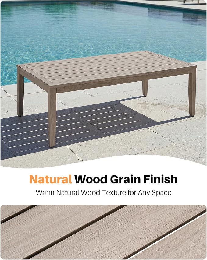 Never-Rust Aluminum Outdoor Coffee Table, All-Weather Patio Coffee Table with Faux Wood Grain Finish Frame, Rectangle Outdoor Table with Adjustable Feet for Garden, Porch, Backyard, Indoor