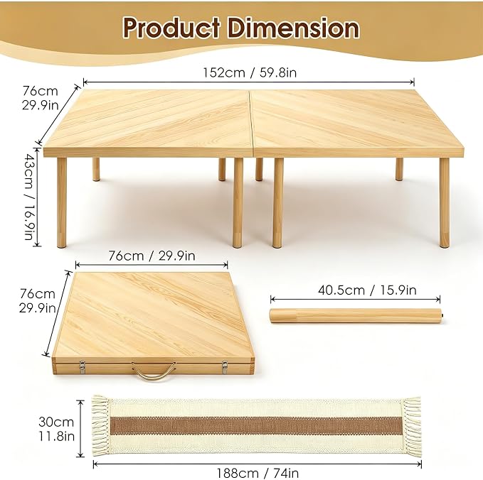 60" x 30" Foldable Wooden Picnic Table, Natural Solid Wood Table | Portable with Carry Handle, Tool-Free Assembly, For Beach, Camping, Living Room, Includes Table Runner