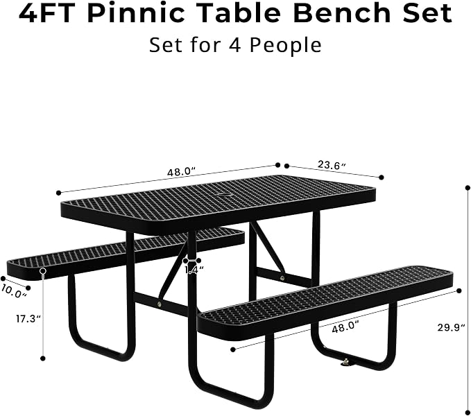 4FT Rectangular Steel Outdoor Picnic Table, Commercial Picnic Table Bench Set with Umbrella Hole, Weather-Resistant Heavy Duty School Dining Table for Stores, Park, Patio, Garden, Backyard, Black
