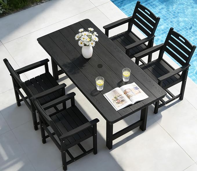 PIZZELLO 5-Piece Outdoor Dining Set - HDPE Patio Dining Set for 4 - Outdoor Table and Chairs - All Weather Rectangular Patio Table Sets w/Umbrella Hole (66" Large Table and 20" Wide Chairs)