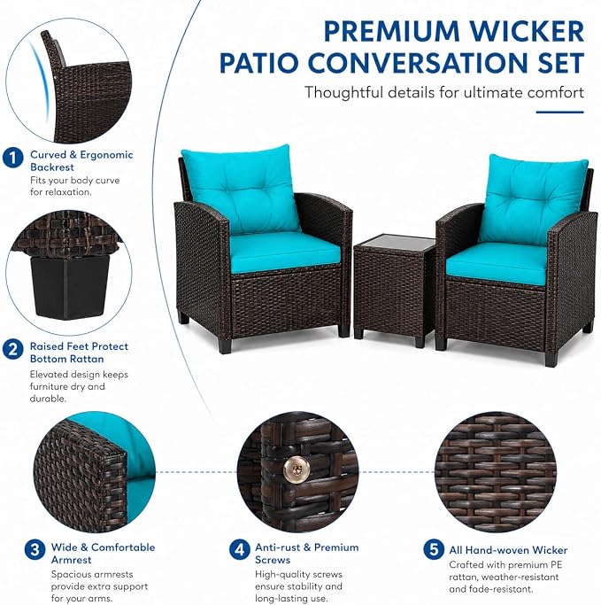 DORTALA Wicker Patio Furniture Set 3 Piece, Outdoor Table and Chairs with Tempered Glass Tabletop, Cushions, Small Rattan Conversation Sofa Set for Balcony, Porch, Backyard, Deck, Turquoise