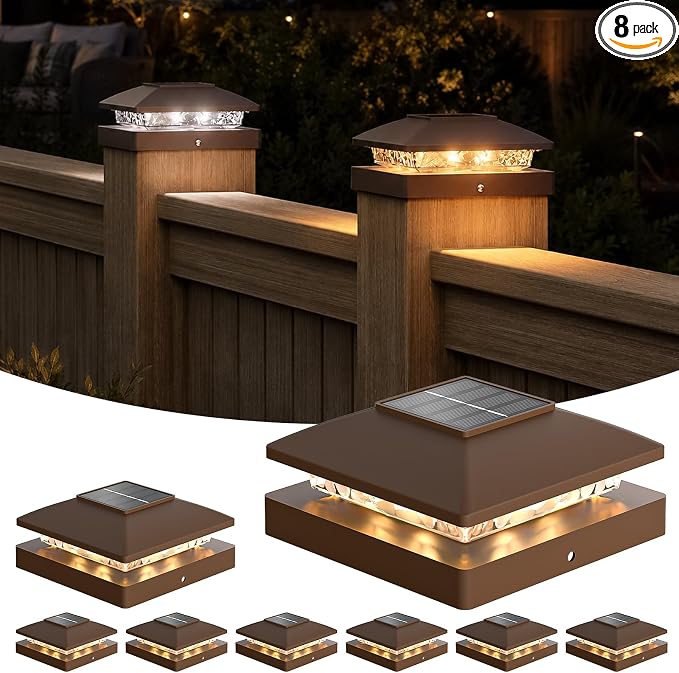 APONUO Solar Post Cap Lights for 4x4 Posts - IP64 Waterproof, Warm/Cool White, Wireless Fence Lights & Deck Lights for Patios, Gardens, and Yards, Brown,8 Pack