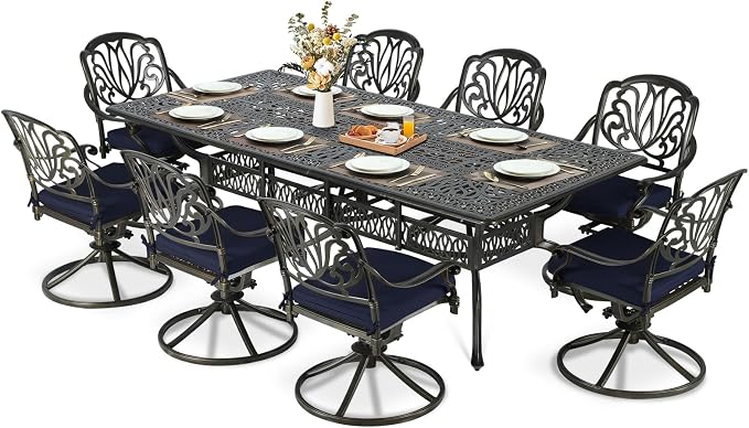 MEETWARM 9-Piece Outdoor Patio Dining Set for 8, All Weather Cast Aluminum Patio Funiture Table and Chairs Set- 94.5” Rectangular Table and 8 Cushioned Swivel Rocker Chairs, Umbrella Hole, Navy Blue