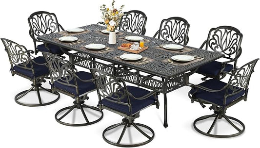 MEETWARM 9-Piece Outdoor Patio Dining Set for 8, All Weather Cast Aluminum Patio Funiture Table and Chairs Set- 94.5” Rectangular Table and 8 Cushioned Swivel Rocker Chairs, Umbrella Hole, Navy Blue