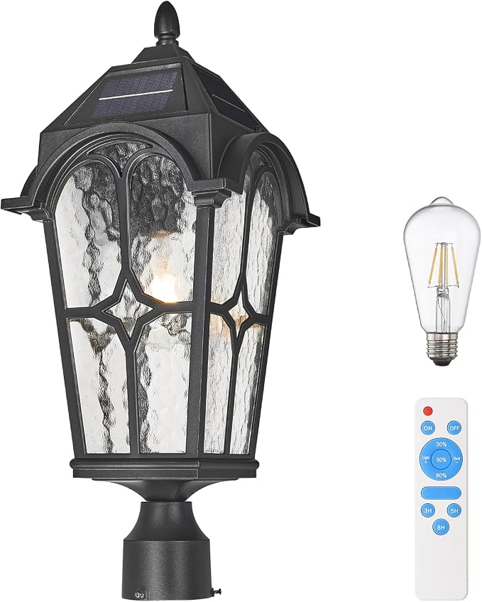 22 Inch Large Solar Post Light Outdoor, Dusk to Dawn Pier Mount Lamp, Sand Black Aluminum with Seeded Water Ripple Glass, Waterproof Solar Pole Light Fixture for Yard Garden Pillar Patio