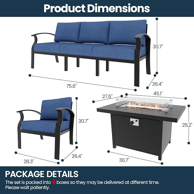 Aluminum Outdoor Patio Furniture Set,4 Pieces 5 Seats Patio Conversation Sets with 45" Propane Fire Pit Table,Metal Patio Sectional Furniture Set with Thick Cushion,Navy Blue