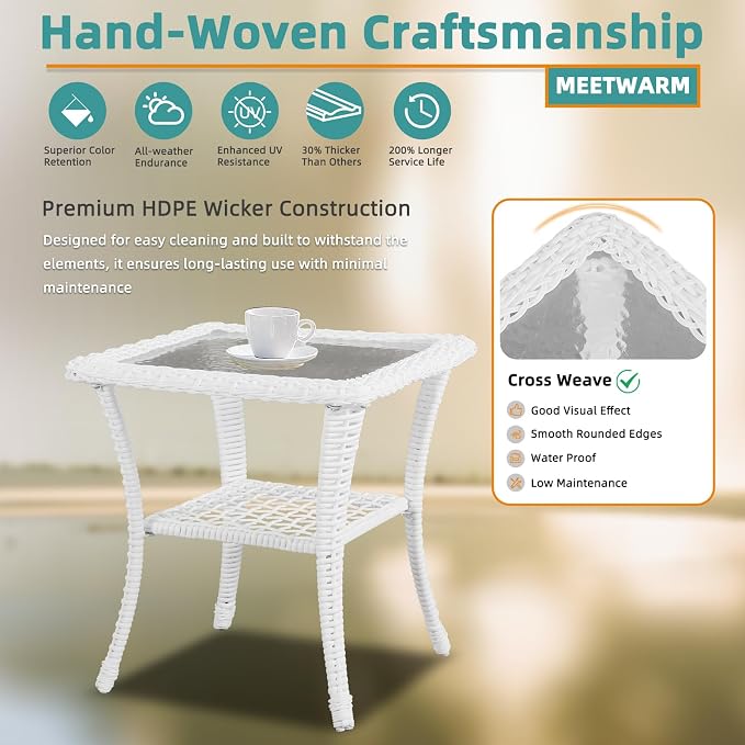 MEETWARM Wicker Outdoor Side Table, All-Weather Patio Rattan Side Table with Tempered Glass Top and Storage Shelf, Small Patio End Table for Outside Indoor Outdoor Balcony Porch Deck, White