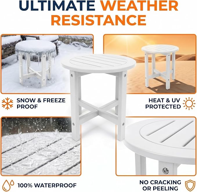White HDPE Outdoor Side Table, 18 Inch Round