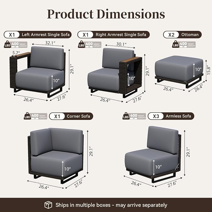LazySunsets Patio Furniture Set, 8 Pieces Wicker Outdoor Sectional Sofa with 10'' Ultra-Thick Cushions & Ottomans, All-Weather Rattan Conversation Set for Backyard Poolside, Brown/Dark Gray