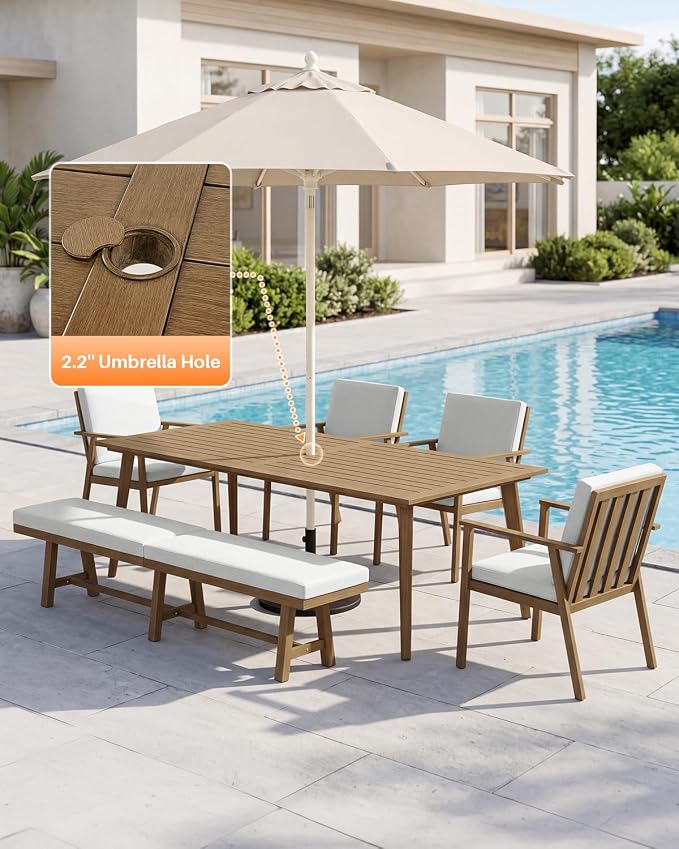 6 Pieces Never-Rust Outdoor Dining Set, Aluminum 8-Person Dining Table with 4 Chairs and 3-Person Backless Bench, Outdoor Patio Dining Furniture Set with Cushion for Lawn, Deck, Garden, Teak