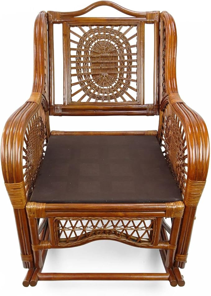 Malibu Handmade Natural Rattan Living Room Set of 2 Rocking Lounge Chairs and Round Coffee Table with Glass, Colonial Color with Black Leaf Cushions