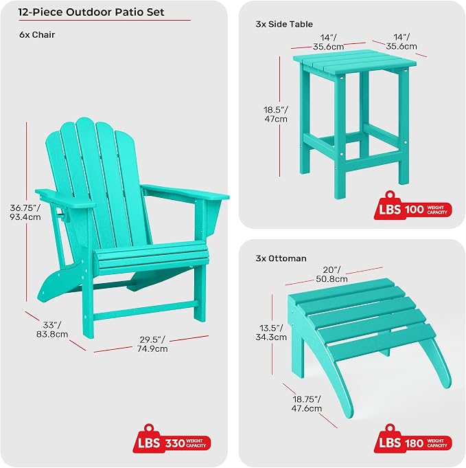 Costaelm Lakeview 12-Piece HDPE Outdoor Patio Furniture Adirondack Chair Conversation Table Set, Turquoise