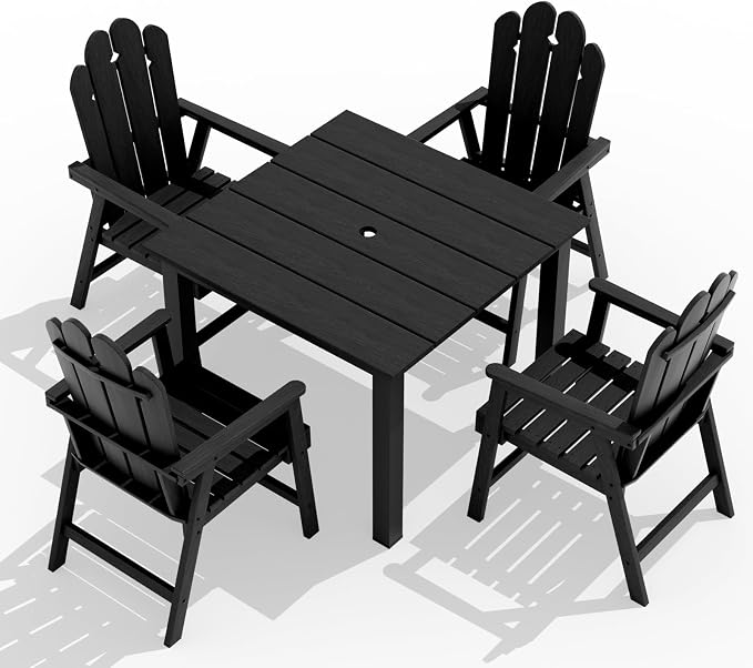 5 Piece Outdoor Dining Set for 4, Patio Table and Chairs Set, Black | 4 person HDPE outdoor dining set,high back 304 stainless steel, weather resistant up to 10 years, low maintenance patio set