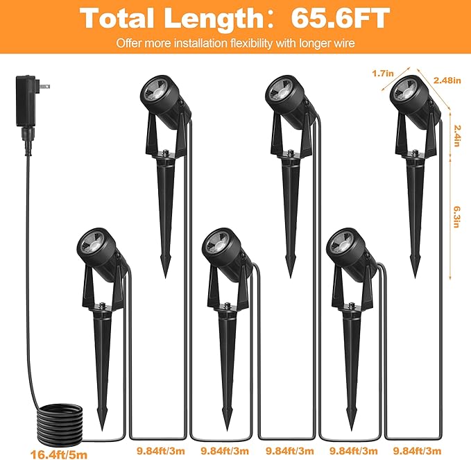 Outdoor Landscape lighting Low Voltage, 65.6FT Wired LED Spot light with Plug-in Transformer, IP65 Waterproof Outside Uplight 18W 1800LM for Yard Garden Tree Pathway House, Warm White 3000K, Pack of 6