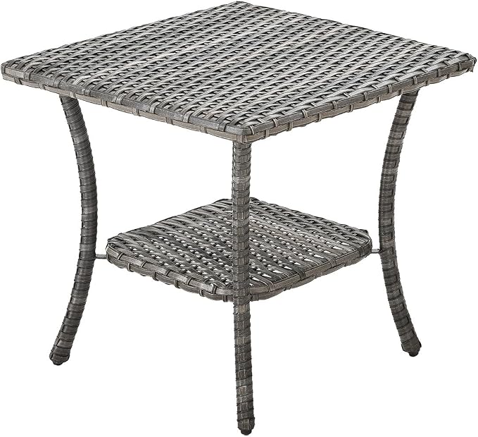 Patio Table Outdoor Side Tables - Wicker Coffee Table with 2-Shelf Storage Rattan End Table Square for Outdoor Patio Porch Deck Balcony Garden(Mixed Grey/Wicker Top)