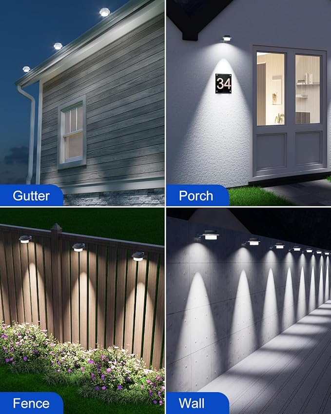 8 Pack White Solar Powered Gutter Lights Outdoor Decorative Waterproof Led Fence Lamp for Lighting Railing, Outside Wall, Deck, Garden, Path, Backyard, Sidewalk, Yard, Patio, No Drilling Installation