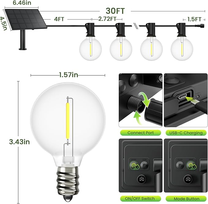 Svater Solar Outdoor String Lights 30 FT, G40 Patio Lights Shatterproof Dimmable Vintage Edison Bulbs, Solar Powered Weatherproof Light for Patio, Backyard, Garden, Bistro, Warm White