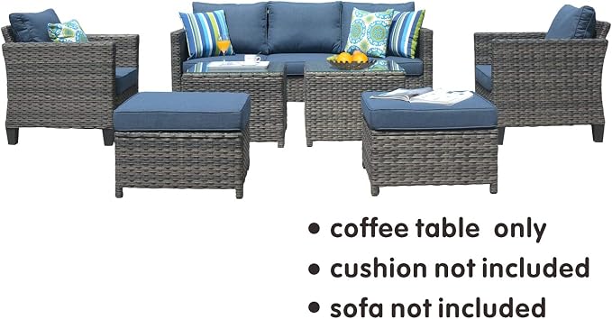 ovios Outdoor Patio Coffee Table with Tempered Glass Top Wicker Side Tables for Garden Porch Yard Deck Balcony, Grey Rattan